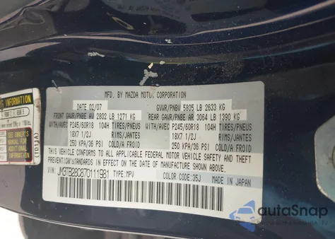 2007 Mazda Cx-9 Sport z USA, uszkodzony, nr VIN JM3TB28C870111981